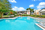 Sparkling swimming pool surrounded by lush landscaping at Village Springs Apartments in Orlando, FL