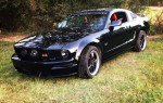 2006 Ford Mustang GT with modifications parked on grass, showcasing its sleek design and sporty features.