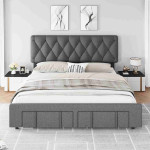 Full Queen King Size Bed Frame Upholstered Headboard Platform w/ Storage Drawers