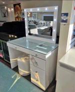 New Makeup Vanity with Mirror, 12 LED Lights, Glass Top, 8 Drawers, Power Outlet and Chair