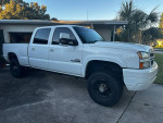 2006 Chevrolet Silverado 1500 white truck parked in driveway with palm trees in the background