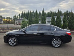 Black 2015 Honda Accord Sport sedan parked in front of trees, showcasing its clean exterior and alloy wheels.