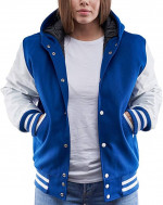 Varsity Base Letterman Hoodie Jacket Bright Royal Blue Wool, White Lea