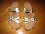 Birki's Birkenstock Gold Open-Toe Sandals with Black Buckles, Size 10!