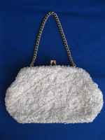 Vintage Handmade White Satin Beaded, Sequined Purse Clasp Clasp Bag